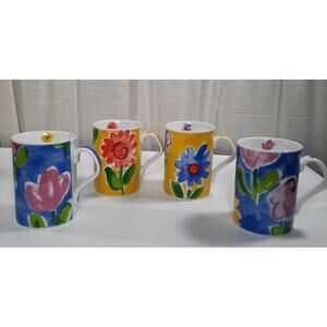 Set of 4 Vintage INHESION Porcelain Coffee Tea Mugs Cups Watercolor Flowers RARE